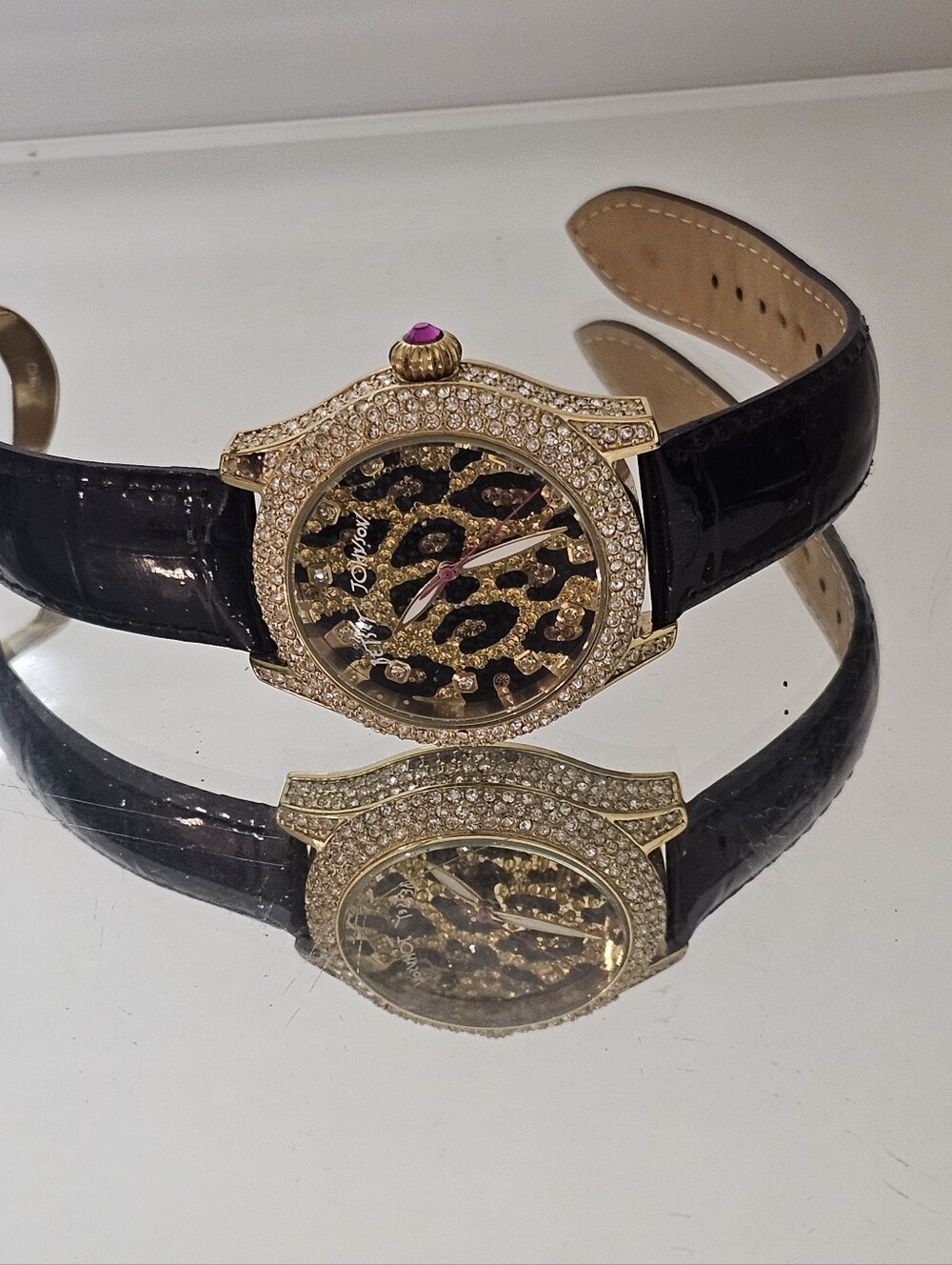 Betsey Johnson Gold Crystal Leopard Dial Black Strap Watch